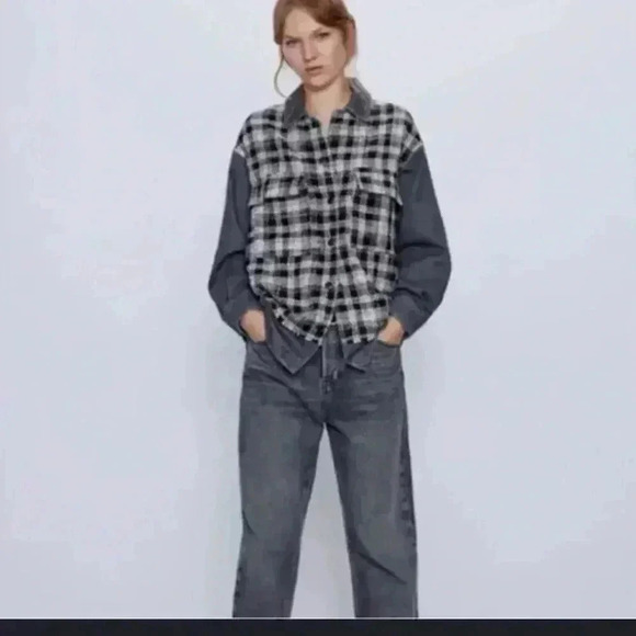 Zara Ladies Contrasting Denim Button Down Tweed Jacket Shirt Size XS Like New - Picture 3 of 7